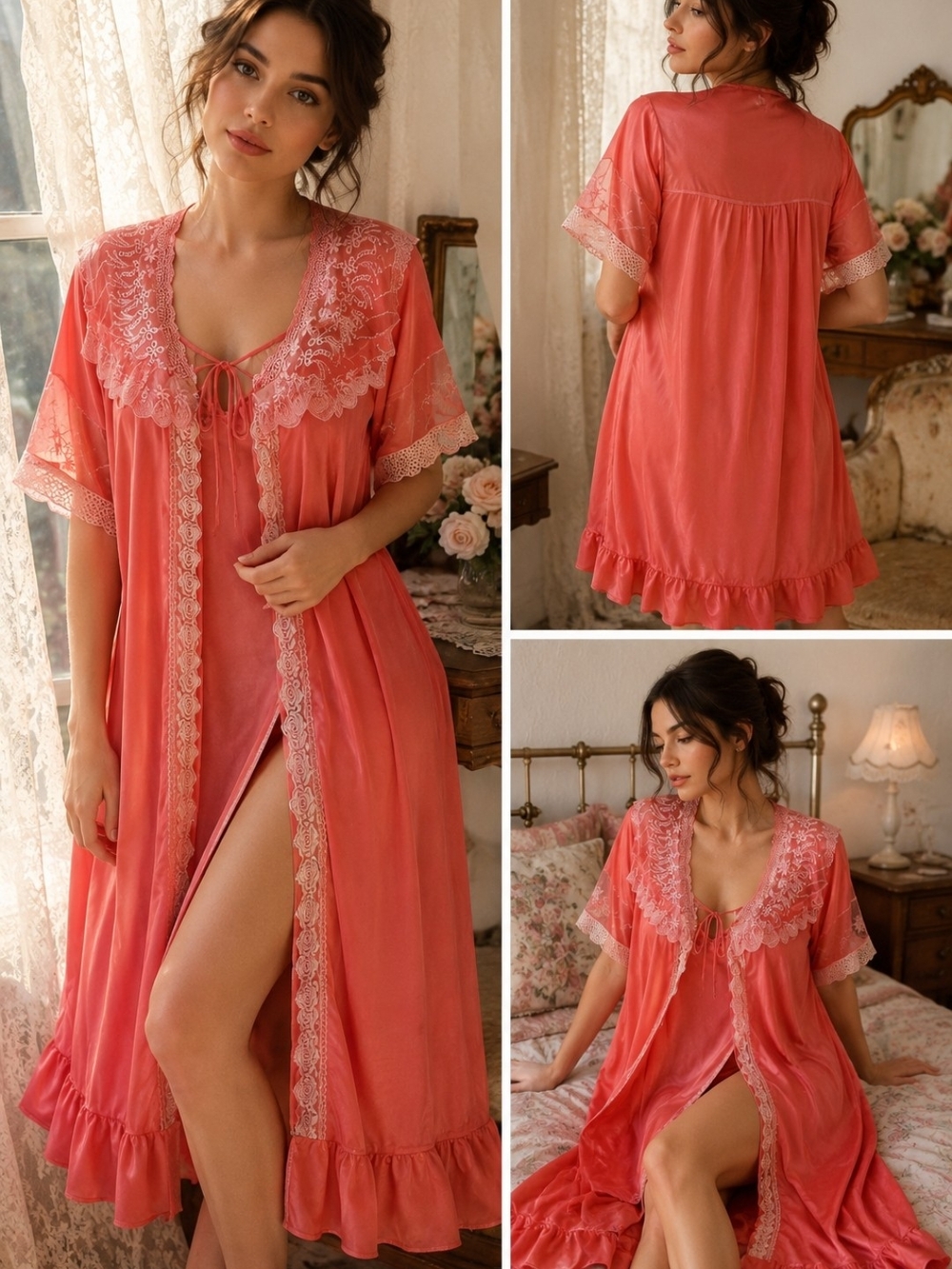 Vintage Chase Coral Pink Cottagecore Satin Lace Robe L Large Floral Embroidered